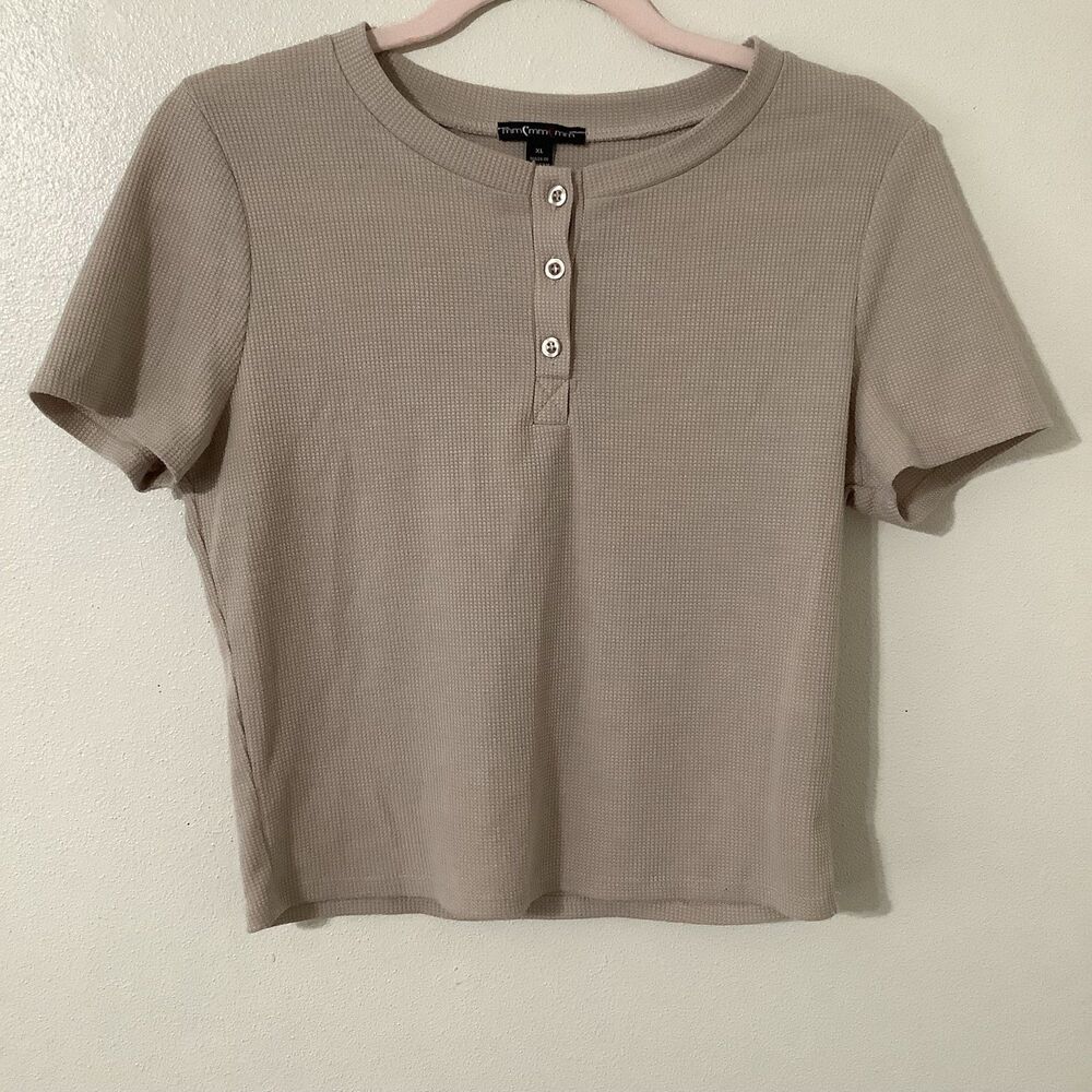 MMM‎ Beige Nuetral Minimalist Preppy Academic Waffle Knit Cropped Blouse XL